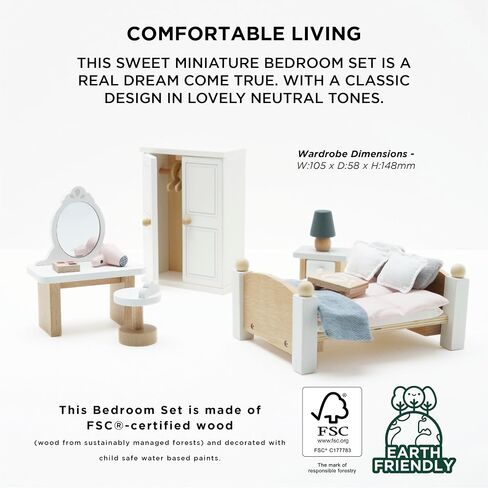 Le Toy Van - Wooden Daisylane Master Bedroom Dolls House | Accessories Play Set For Dolls Houses | Girls and Boys Dolls House Furniture Sets - Suitable For Ages 3+, ME057, Small in Saudi Arabia