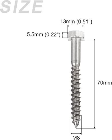Hex Lag Screws (M8x60mm)10Pcs, 304 Stainless Steel Self-Tapping Wood Bolts - for Household Applications in Saudi Arabia