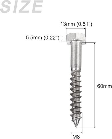 Hex Lag Screws (M8x60mm)10Pcs, 304 Stainless Steel Self-Tapping Wood Bolts - for Household Applications in Saudi Arabia