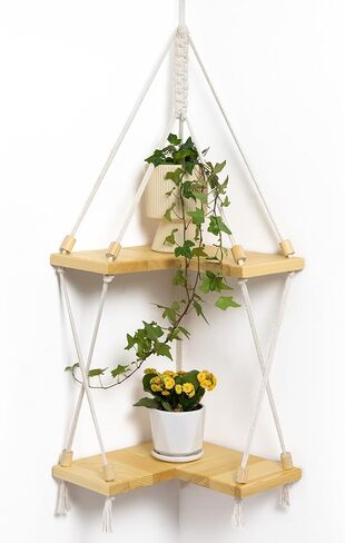 أرفف زاوية، أرفف خشبية معلقة على الحائط من Macrame، ديكور بوهو منسوج يدويًا من الحبال البيضاء على الحائط، حامل شماعات نباتية لغرفة النوم والحمام وغرفة المعيشة in Kuwait