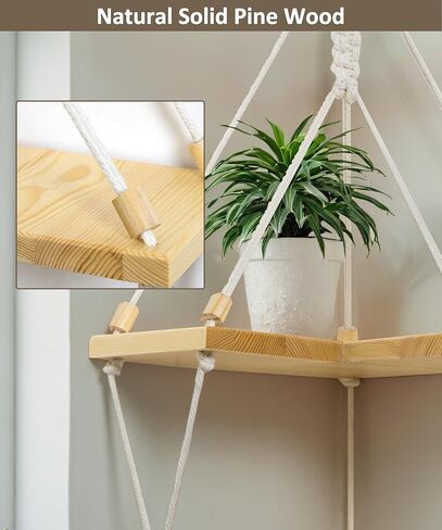 أرفف زاوية، أرفف خشبية معلقة على الحائط من Macrame، ديكور بوهو منسوج يدويًا من الحبال البيضاء على الحائط، حامل شماعات نباتية لغرفة النوم والحمام وغرفة المعيشة in Kuwait