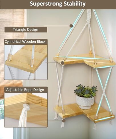 أرفف زاوية، أرفف خشبية معلقة على الحائط من Macrame، ديكور بوهو منسوج يدويًا من الحبال البيضاء على الحائط، حامل شماعات نباتية لغرفة النوم والحمام وغرفة المعيشة in Kuwait