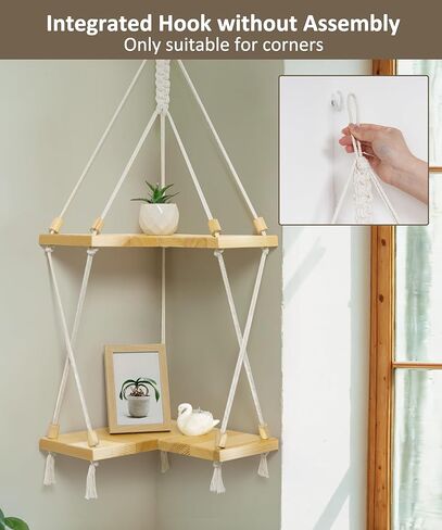 أرفف زاوية، أرفف خشبية معلقة على الحائط من Macrame، ديكور بوهو منسوج يدويًا من الحبال البيضاء على الحائط، حامل شماعات نباتية لغرفة النوم والحمام وغرفة المعيشة in Kuwait