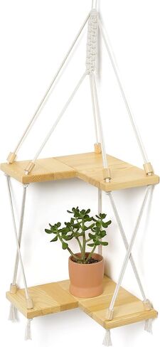 أرفف زاوية، أرفف خشبية معلقة على الحائط من Macrame، ديكور بوهو منسوج يدويًا من الحبال البيضاء على الحائط، حامل شماعات نباتية لغرفة النوم والحمام وغرفة المعيشة in Kuwait