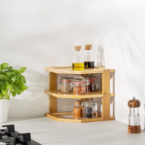 Navaris Bamboo Corner Shelf - Kitchen or Bathroom Corner Shelf Organizer - 9.5" High 3 Tier Storage Shelf for Countertop, Cabinet, Counter, Pantry in Saudi Arabia