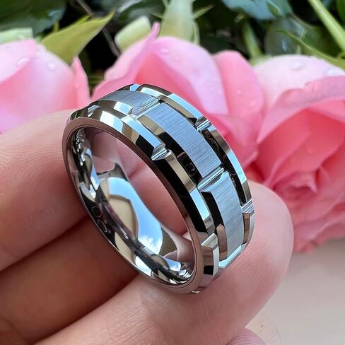 8mm Silver/Black/Gold Tungsten Rings for Men Women Promise Engagement Wedding Band Brick Pattern Brushed Center Comfort Fit in Saudi Arabia