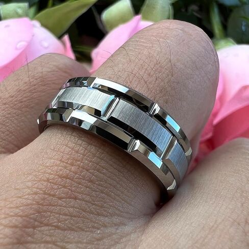 8mm Silver/Black/Gold Tungsten Rings for Men Women Promise Engagement Wedding Band Brick Pattern Brushed Center Comfort Fit in Saudi Arabia