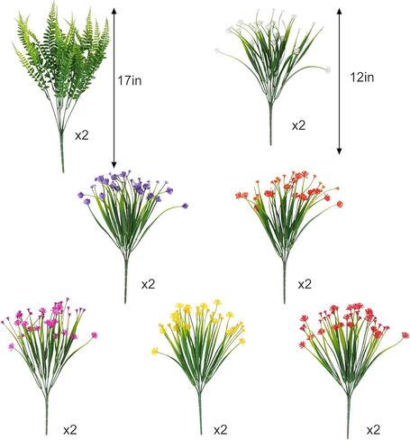 CEWOR 14 Bundles Artificial Flowers, Faux Plants Outdoor, UV Resistant Fake Plastic Flowers Boston Fern Artificial Greenery for Indoor Outdoor Garden Patio Window Kitchen Home Vase Decor (Mix Color) in Saudi Arabia