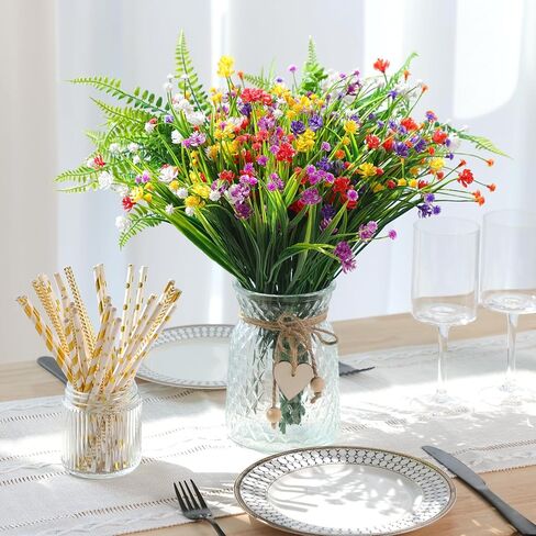 CEWOR 14 Bundles Artificial Flowers, Faux Plants Outdoor, UV Resistant Fake Plastic Flowers Boston Fern Artificial Greenery for Indoor Outdoor Garden Patio Window Kitchen Home Vase Decor (Mix Color) in Saudi Arabia