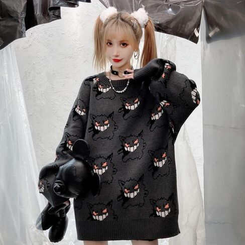 الشيطان سترة المتضخم المرأة Crewneck البلوز الخريف القوطية فضفاضة متماسكة البلوز فساتين طويلة الأكمام البلوزات in Kuwait