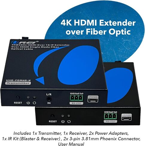 موسع OREI 4K HDMI عبر الألياف الضوئية يصل إلى 40 كم - 1G IP وضع واحد UltraHD 4K @ 60 هرتز 4:4:4 DR، CEC، مستخرج الصوت ودعم IR، مخرج صوت L/R، RS-232 - مخرج حلقة HDMI in Saudi Arabia