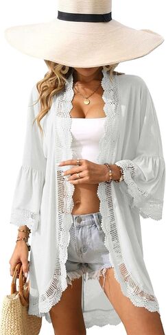 Summer Women's Casual Fit Comfortable Kimonos Light Weight Lace Cover Up Dressy Cardigan Bright White L in Saudi Arabia
