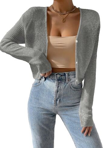Verdusa Women's Drop Shoulder Long Sleeve Button Up Knit Cardigan Sweater Grey Medium in Saudi Arabia