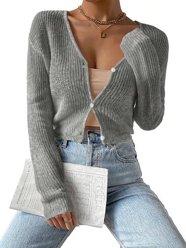 Verdusa Women's Drop Shoulder Long Sleeve Button Up Knit Cardigan Sweater Grey Medium in Saudi Arabia