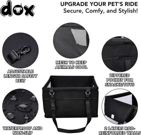 DDOXX Dog Car Seat - Black - Puppy Car Seat, Booster, and Carrier for Small Dogs & Cats - Comfortable Pet Car Seat for a Peaceful Ride - Sturdy Support and Fall Prevention -15.7Lx 12.59Wx 9.8H inches in Saudi Arabia