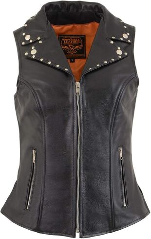 Milwaukee Leather MLL4503 Women's Black V-Neck Leather Classic Motorcycle Rider Vest w/Riveted Lapel Collar - 3X-Large in Saudi Arabia