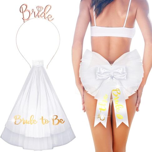 مجموعة 3 قطع من هدايا العروس لتكون حفلة تتضمن العروس لتكون بيكيني زي حجاب بطول العروس وإكسسوارات تاج العروس وعصابة رأس ذهبية وردية لحفلات الزفاف وحفلات الزفاف وحفلات العزوبية in Kuwait