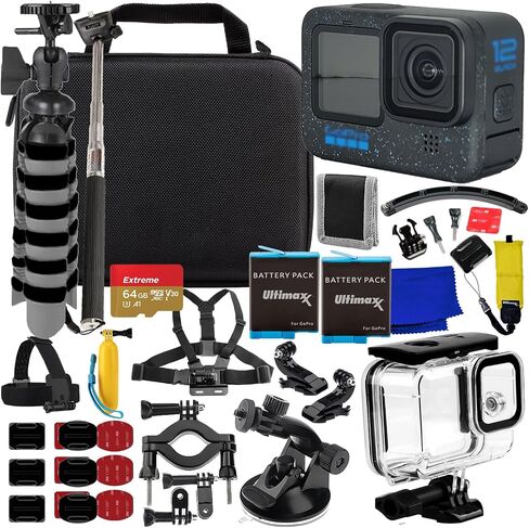 Ultimaxx Advanced GoPro Hero 12 Bundle - Includes: 64GB Extreme microSDXC Memory Card, 2X Replacement Batteries, Underwater Housing, Multi-Adjustable Bike/Pipe Mount & Much More (30pc Bundle) in Saudi Arabia