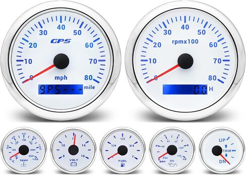 ARTILAURA 7 Gauge Set 3-3/8" 85mm GPS Speedometer, Tachometer, 2-1/16" Fuel Level Gauge, Water Temperature Gauge, Oil Pressure Gauge, Volt, Trim 7 Color Car Boat Gauge Set(White) in Saudi Arabia