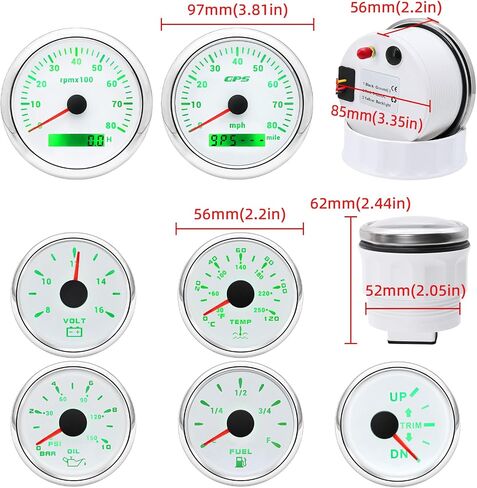 ARTILAURA 7 Gauge Set 3-3/8" 85mm GPS Speedometer, Tachometer, 2-1/16" Fuel Level Gauge, Water Temperature Gauge, Oil Pressure Gauge, Volt, Trim 7 Color Car Boat Gauge Set(White) in Saudi Arabia