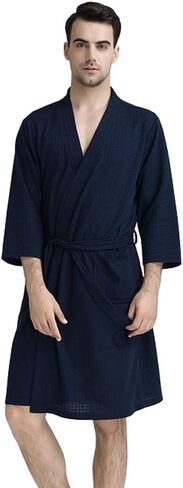 Men's Kimono Waffle Robe Unisex Lightweight Soft Knee Length Spa Bathrobe Sleepwear with Pockets in Saudi Arabia