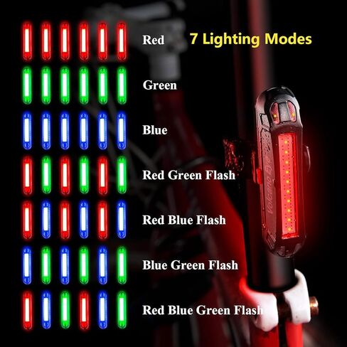 ضوء خلفي للدراجة، ضوء أمان LED قابل لإعادة الشحن عبر USB للدراجة، ضوء خلفي فائق السطوع مقاوم للماء لركوب الدراجات، أحمر/أخضر/أزرق 7 أوضاع إضاءة تناسب أي طريق أو دراجة جبلية in Kuwait