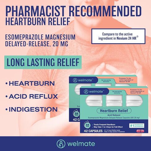 WELMATE - إيزوميبرازول مغنيسيوم 20 ملغ - دواء حرقة المعدة - مخفض الأحماض - تأخير إطلاق تخفيف حرقة المعدة - حماية لمدة 24 ساعة - للرجال والنساء - 84 كبسولة - عبوتان in Kuwait