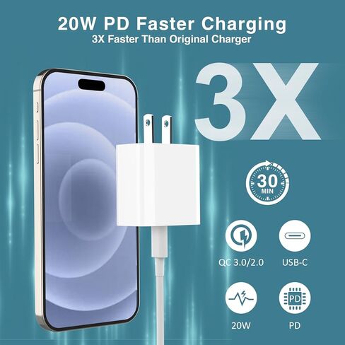 شاحن حائط USB C إلى C بقدرة 20 وات، عبوتان - متوافق مع iPhone 11/12/13/14/15/Pro Max، XS/XR/X، i-pad Pro، Samsung Galaxy Phone أبيض in Kuwait