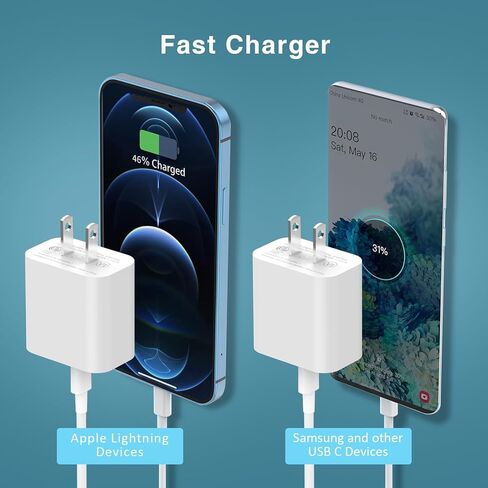 شاحن حائط USB C إلى C بقدرة 20 وات، عبوتان - متوافق مع iPhone 11/12/13/14/15/Pro Max، XS/XR/X، i-pad Pro، Samsung Galaxy Phone أبيض in Kuwait