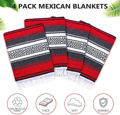 4 قطع من البطانيات المكسيكية، بطانية يوجا مكسيكية منسوجة يدويًا، منشفة ملونة منسوجة من فالسا سيراب، بطانية بوهو المكسيكية للشاطئ للتخييم في الهواء الطلق، والشاطئ، والسفر، والمنزل (أحمر) in Kuwait
