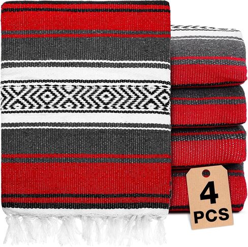 4 قطع من البطانيات المكسيكية، بطانية يوجا مكسيكية منسوجة يدويًا، منشفة ملونة منسوجة من فالسا سيراب، بطانية بوهو المكسيكية للشاطئ للتخييم في الهواء الطلق، والشاطئ، والسفر، والمنزل (أحمر) in Kuwait