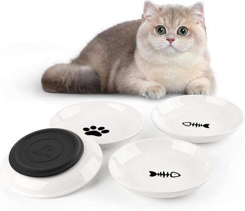 YauYik Cat Food Bowls - Whisker Friendly Ceramic Cat Bowls with Nonslip Silicone Mats - Shallow Wide Quiet Cat Dishes and Plates for Feeding Indoor Cats Kittens and Small Dogs, 4 Pack in Kuwait