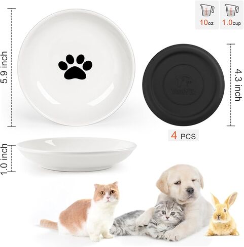 YauYik Cat Food Bowls - Whisker Friendly Ceramic Cat Bowls with Nonslip Silicone Mats - Shallow Wide Quiet Cat Dishes and Plates for Feeding Indoor Cats Kittens and Small Dogs, 4 Pack in Kuwait