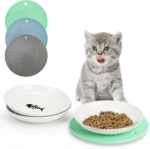 YauYik Cat Food Bowls - Whisker Friendly Ceramic Cat Bowls with Nonslip Silicone Mats - Shallow Wide Quiet Cat Dishes and Plates for Feeding Indoor Cats Kittens and Small Dogs, 4 Pack in Saudi Arabia