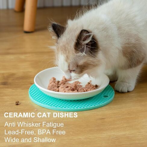 YauYik Cat Food Bowls - Whisker Friendly Ceramic Cat Bowls with Nonslip Silicone Mats - Shallow Wide Quiet Cat Dishes and Plates for Feeding Indoor Cats Kittens and Small Dogs, 4 Pack in Saudi Arabia