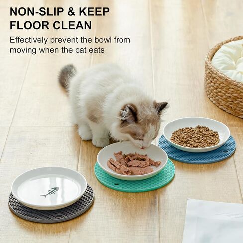 YauYik Cat Food Bowls - Whisker Friendly Ceramic Cat Bowls with Nonslip Silicone Mats - Shallow Wide Quiet Cat Dishes and Plates for Feeding Indoor Cats Kittens and Small Dogs, 4 Pack in Saudi Arabia