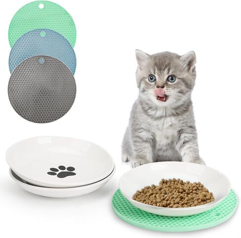 YauYik Cat Food Bowls - Whisker Friendly Ceramic Cat Bowls with Nonslip Silicone Mats - Shallow Wide Quiet Cat Dishes and Plates for Feeding Indoor Cats Kittens and Small Dogs, 4 Pack in Saudi Arabia