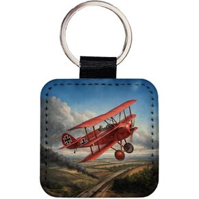 Red Baron's WWI Fokker Triplane Square Faux Leather Keychain in Kuwait