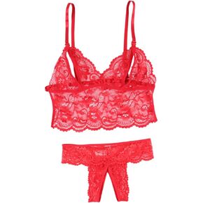 Floral Lace Unlined Bra and Thong Set - 2 Piece Sheer Sexy Lingerie for Women, Wirefree Bralette & Matching Panties in Kuwait