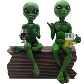 John Bernard & Company Alien Invasion 'Party Alien' Wine Drinking Female and Beer Drinking Male Ledge Lounger 10 Inch H Funny Home or Garden Alien Statue Set (Green) in Kuwait