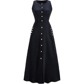 Women's Button Down Maxi Dress Elegant Crew Neck Sleeveless Business Casual Dresses with Pockets in Kuwait