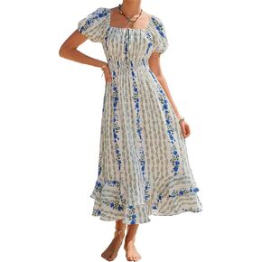 Kate Kasin Womens Summer Boho Floral Maxi Dress 2026 Square Neck Puff Sleeve Smocked Flowy A Line Beach Wedding Guest Dresses in Kuwait