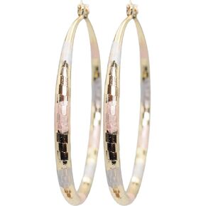 2.36" Inch Diamond Laser Cut Texture Tri-Tone Hoop Earrings, Painted Rose Gold Yellow Gold Silver Tone, 18k Gold Filled Plated in Kuwait
