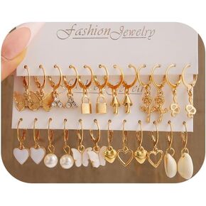 Gold Hoop Earrings Set for Women,14K Gold Plated Multipack Huggie Hoops Earrings Pack Hypoallergenic Butterfly Heart Flower Seashell Dangle Drop Earrings Set Jewelry Gift in Kuwait