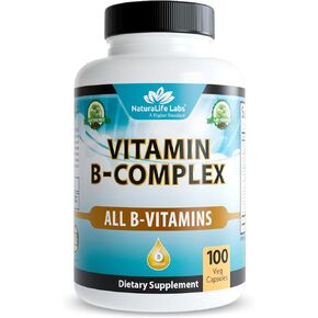 مركب فيتامين B مع فيتامين C وحمض الفوليك - B12 وB1 وB2 وB3 وفيتامين B5 وحمض البانتوثنيك وB6 وB7 وB9 - يدعم الجهاز العصبي ويدعم استقلاب الطاقة غير المعدلة وراثيا - 100 كبسولة نباتية in Kuwait