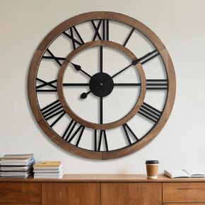 24 Inch Large Rustic Wall Clock Silent Non-Ticking Wooden Wall Clocks with Roman Numerals Farmhouse Decorative Clock for Living Room Bedroom Office (Grey, 24 Inch) in Saudi Arabia