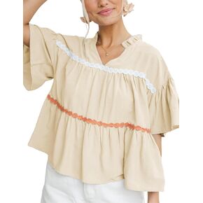 APAFES Womens Summer Babydoll Tops Cute V Neck Short Sleeve Shirts Loose Fit Peplum Blouse in Kuwait