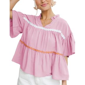 APAFES Womens Summer Babydoll Tops Cute V Neck Short Sleeve Shirts Loose Fit Peplum Blouse in Kuwait