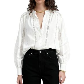 Womens Y2k Lace Patchwork Button Down Shirts Crew Neck Long Sleeve Fall Loose Top Solid Work Office Blouse in Kuwait