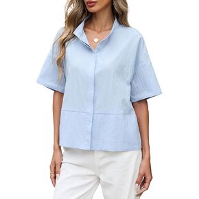 قمصان نسائية غير رسمية بأزرار للأسفل من SCOFEEL قمصان كبيرة الحجم بأكمام قصيرة وياقة واقفة 2026 بلوزات عمل ملابس صيفية للسفر in Kuwait